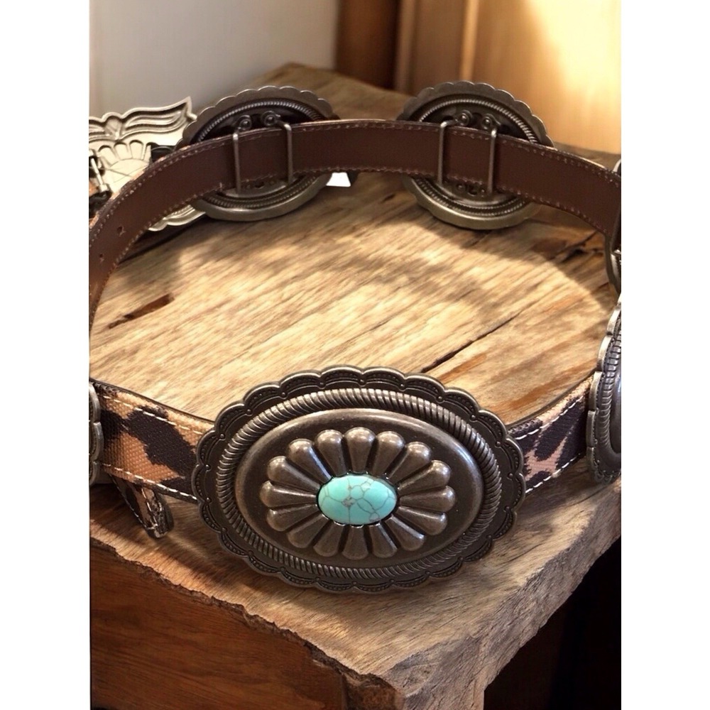 ARIAT Silver/Turquoise CONCHO BELT LEOPARD Leather Western Cowgirl Rodeo Sz L - Picture 4 of 6